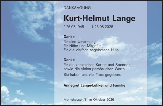 Traueranzeige von Kurt-Helmut Lange von Hinterländer Anzeiger