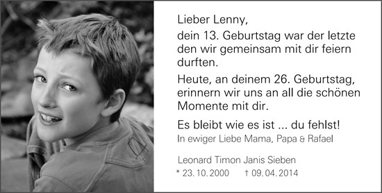 Traueranzeige von Leonard Timon Janis Sieben von Allgemeine Zeitung Mainz