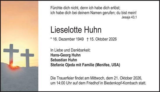Traueranzeige von Lieselotte Huhn von Hinterländer Anzeiger