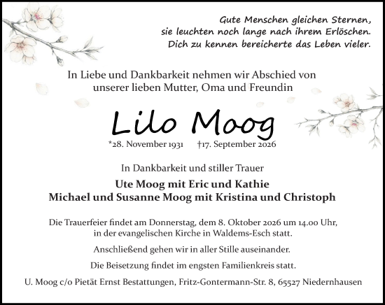 Traueranzeige von Lilo Moog von Camberger Anzeiger