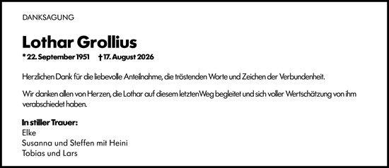Traueranzeige von Lothar Grollius von Weilburger Tageblatt
