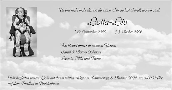 Traueranzeige von Lotta-Liv  von Hinterländer Anzeiger