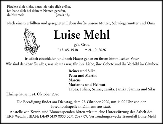 Traueranzeige von Luise Mehl von Wetzlarer Neue Zeitung