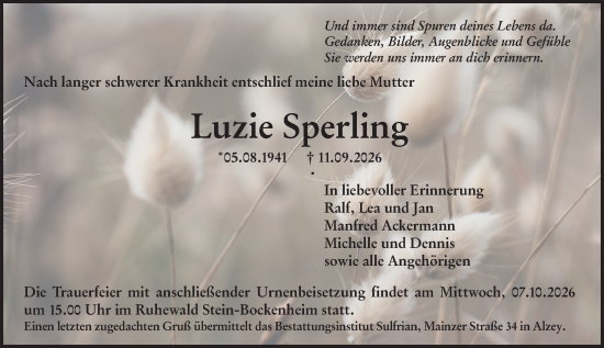 Traueranzeige von Luzie Sperling von Allgemeine Zeitung Alzey