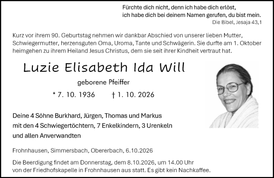 Traueranzeige von Luzie Elisabeth Ida Will von Dill Block