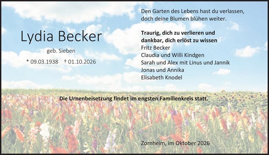 Traueranzeige von Lydia Becker von Allgemeine Zeitung Mainz