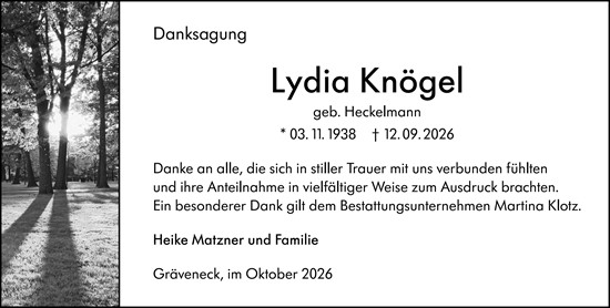 Traueranzeige von Lydia Knögel von Weilburger Tageblatt