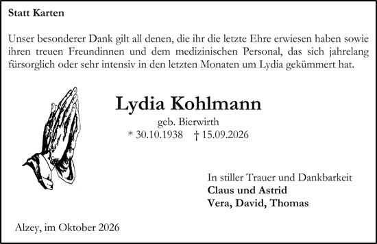 Traueranzeige von Lydia Kohlmann von Allgemeine Zeitung Alzey