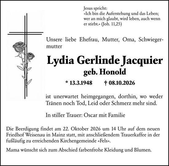 Traueranzeige von Lydia Gerlinde Jacquier von Allgemeine Zeitung Mainz