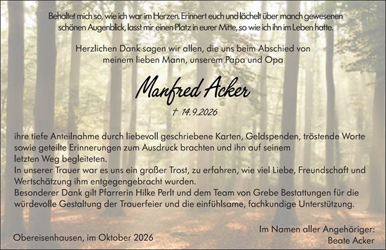Traueranzeige von Manfred Acker von Hinterländer Anzeiger