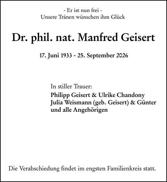 Traueranzeige von Manfred Geisert von Allgemeine Zeitung Mainz