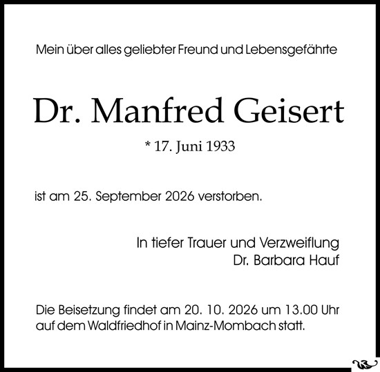 Traueranzeige von Manfred Geisert von Allgemeine Zeitung Mainz