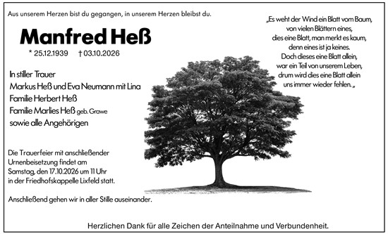 Traueranzeige von Manfred Heß von Hinterländer Anzeiger