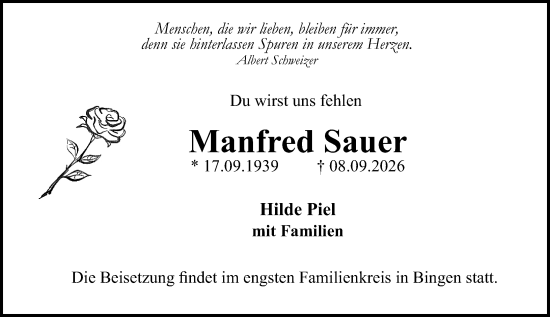 Traueranzeige von Manfred Sauer von Binger-/Ingelheimer Wochenblatt