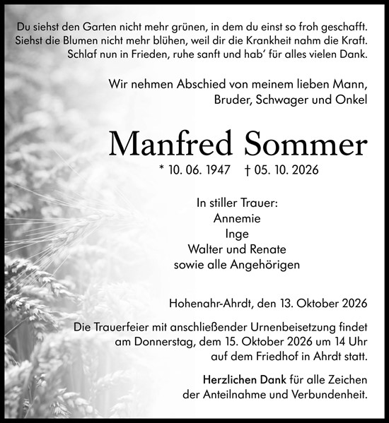Traueranzeige von Manfred Sommer von Wetzlarer Neue Zeitung