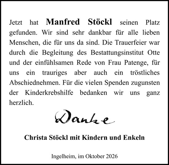 Traueranzeige von Manfred Stöckl von Allgemeine Zeitung Mainz