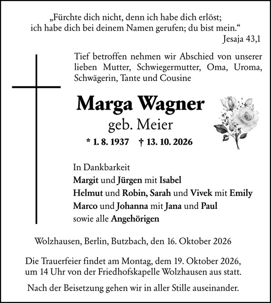 Traueranzeige von Marga Wagner von Hinterländer Anzeiger