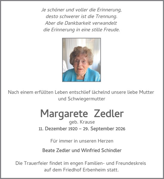 Traueranzeige von Margarete Zedler von Wiesbadener Kurier