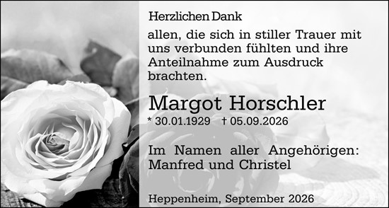 Traueranzeige von Margot Horschler von Starkenburger Echo