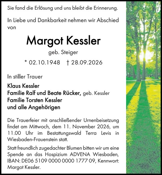 Traueranzeige von Margot Kessler von Wiesbadener Kurier
