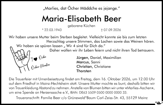 Traueranzeige von Maria-Elisabeth Beer von Allgemeine Zeitung Mainz