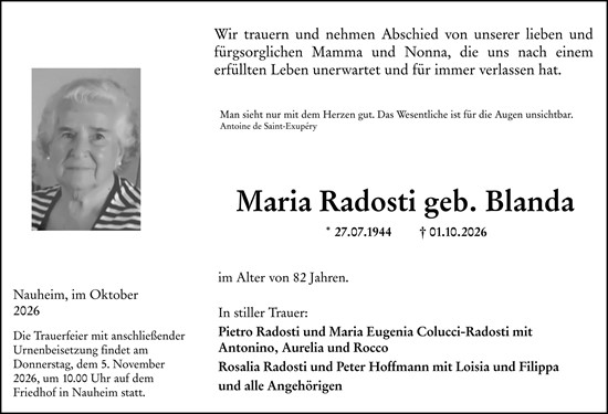 Traueranzeige von Maria Radosti von Rüsselsheimer Echo