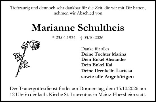 Traueranzeige von Marianne Schultheis von Allgemeine Zeitung Mainz