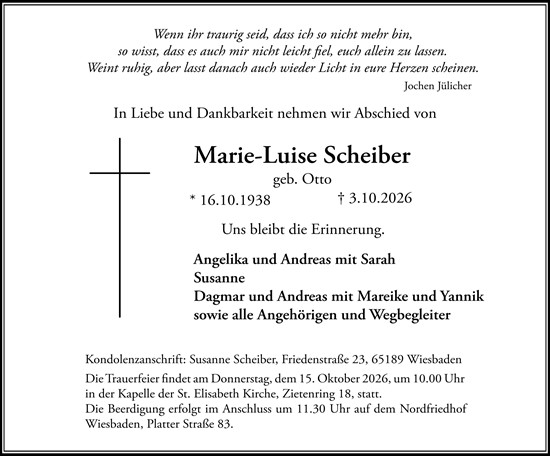 Traueranzeige von Marie-Luise Scheiber von Wiesbadener Kurier