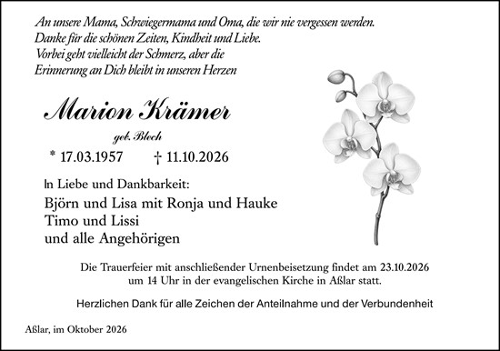 Traueranzeige von Marion Krämer von Wetzlarer Neue Zeitung