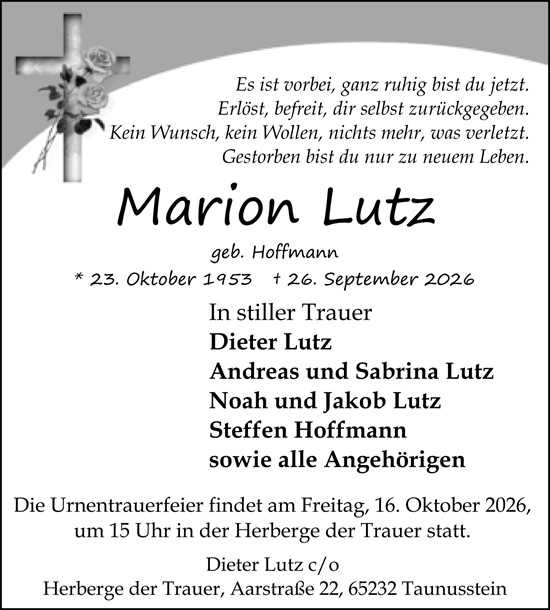 Traueranzeige von Marion Lutz von Idsteiner Land/Untertaunus