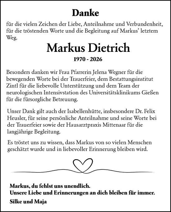 Traueranzeige von Markus Dietrich von Dill Block