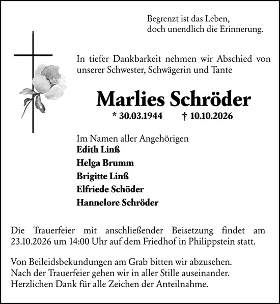 Traueranzeige von Marlies Schröder von Wetzlarer Neue Zeitung