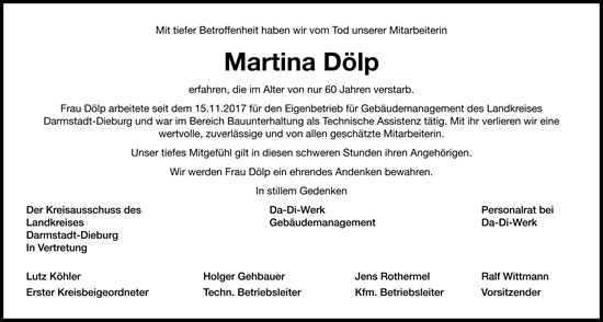Traueranzeige von Martina Dölp von Darmstädter Echo