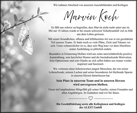 Traueranzeige von Marvin Koch von Hinterländer Anzeiger