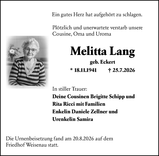 Traueranzeige von Melitta Lang von Allgemeine Zeitung Rheinhessen-Nahe