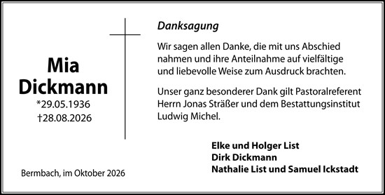 Traueranzeige von Mia Dickmann von Camberger Anzeiger