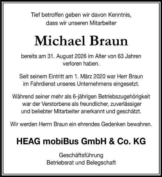Traueranzeige von Michael Braun von Darmstädter Echo