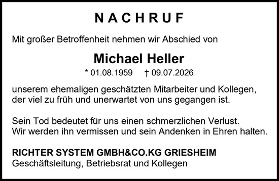Traueranzeige von Michael Heller von Darmstädter Echo