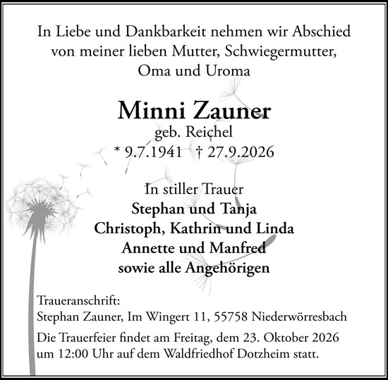 Traueranzeige von Minni Zauner von Allgemeine Zeitung Mainz