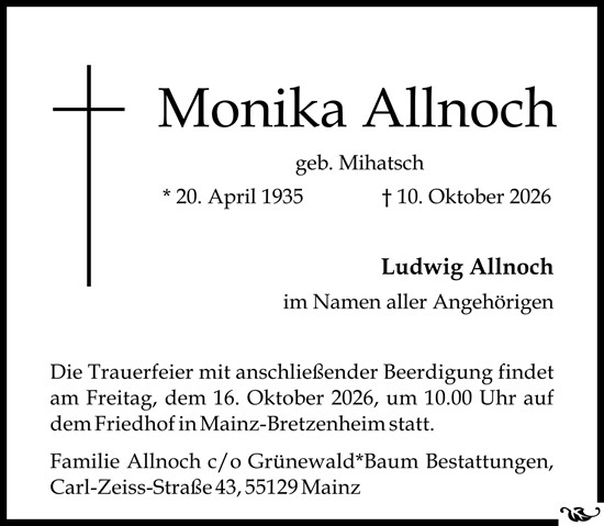 Traueranzeige von Monika Allnoch von Allgemeine Zeitung Mainz