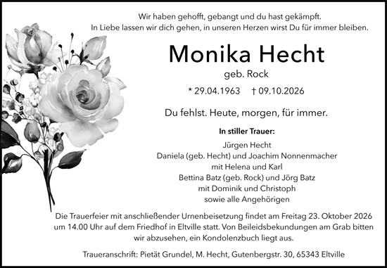 Traueranzeige von Monika Hecht von Wiesbadener Kurier