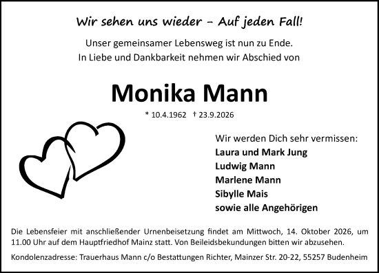 Traueranzeige von Monika Mann von Allgemeine Zeitung Mainz
