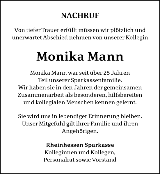 Traueranzeige von Monika Mann von Wormser Zeitung