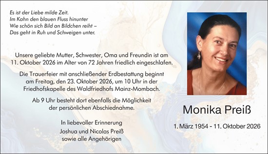 Traueranzeige von Monika Preiß von Allgemeine Zeitung Mainz