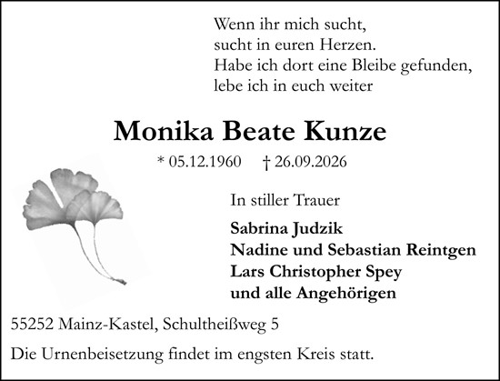 Traueranzeige von Monika Beate Kunze von Allgemeine Zeitung Mainz