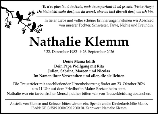 Traueranzeige von Nathalie Klemm von Allgemeine Zeitung Mainz