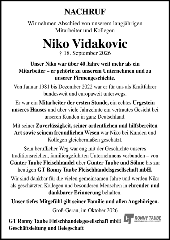 Traueranzeige von Niko Vidakovic von Groß-Gerauer Echo