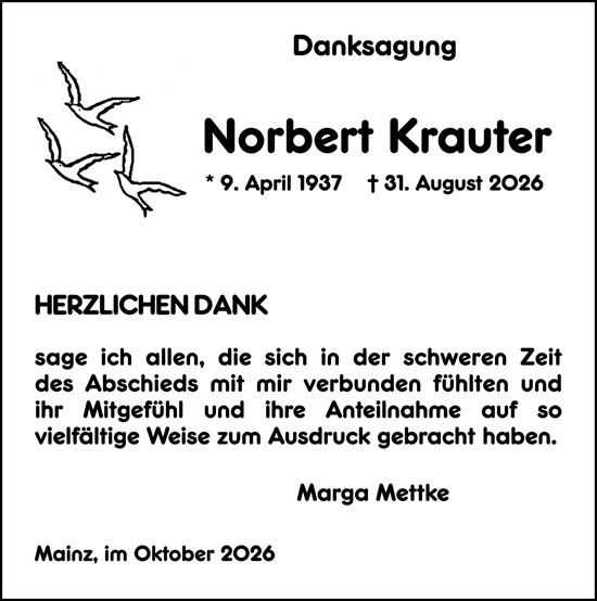 Traueranzeige von Norbert Krauter von Allgemeine Zeitung Mainz