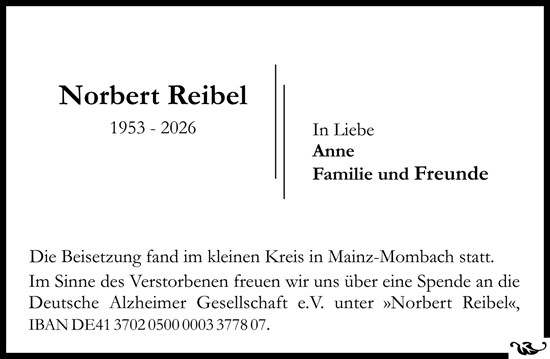 Traueranzeige von Norbert Reibel von Allgemeine Zeitung Mainz