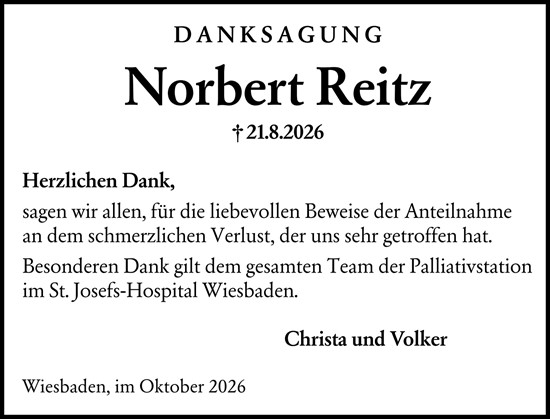 Traueranzeige von Norbert Reitz von Wiesbadener Kurier